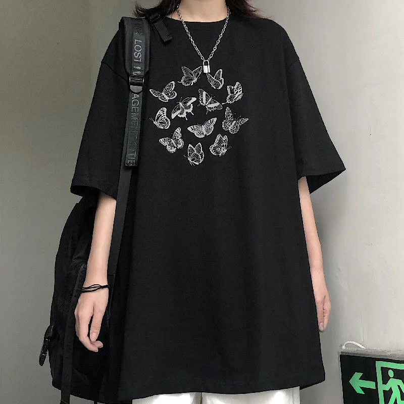 Butterfly Print Women T Shirts Gothic Y2K Black Harajuku Vintage Short Sleeve Oversized T-shirt Kawaii Casual Aesthetic Tops