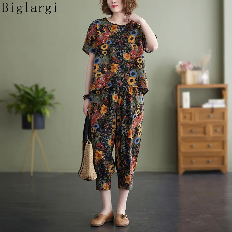 

2 Two Piece Print Floral Set Print T Shirt Women Wide Leg Pants Casual Tshirt Summer T-Shirt Womens Trousers Print Flower Sets
