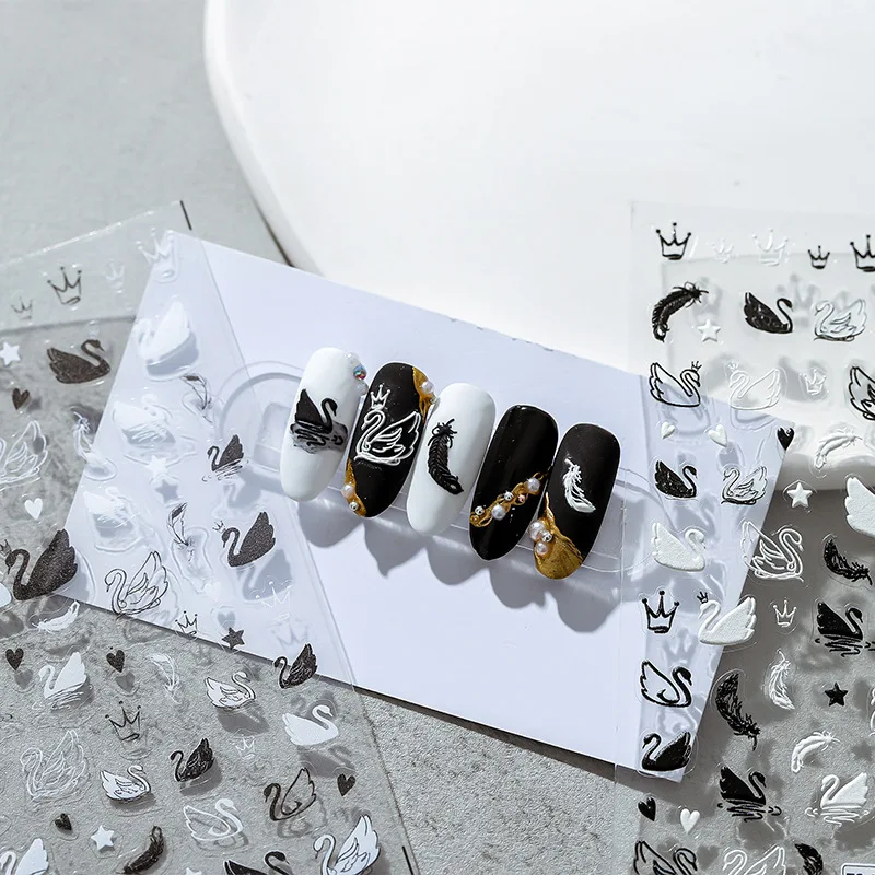 Японские панковские Стикеры для ногтей в виде лебедя черно-белого цвета 5D
