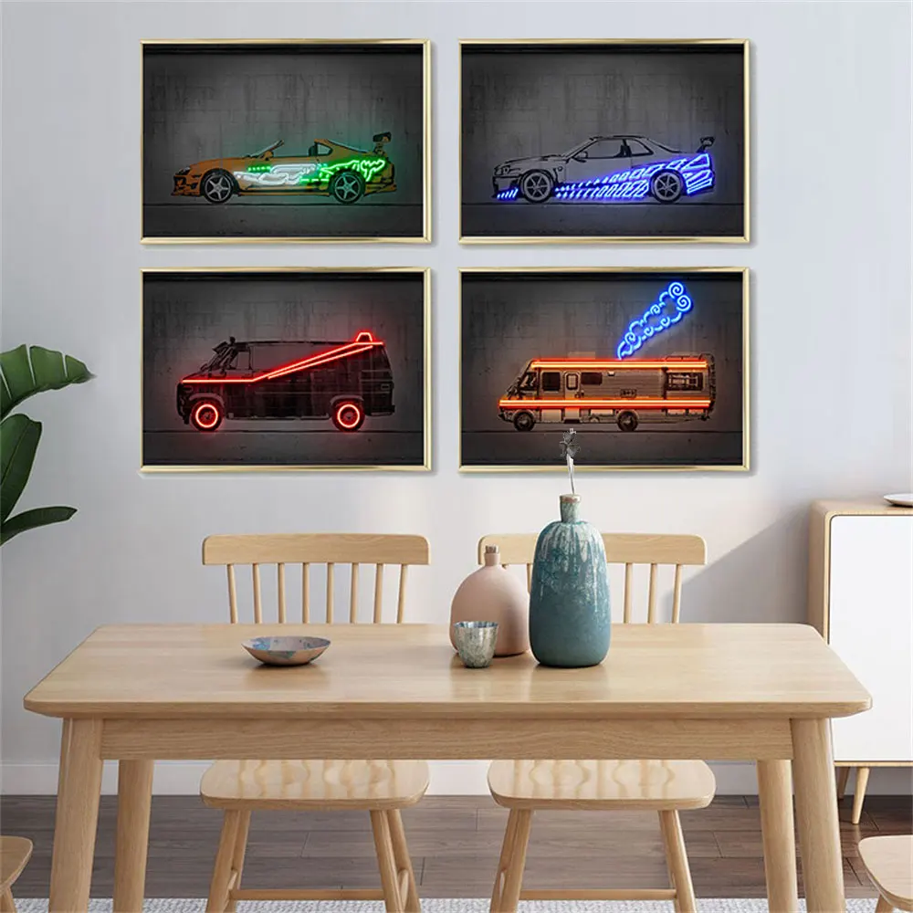 

Vehicle Car Art Print Neon Posters Back To The Future Street Canvas Painting Abstract Posters and Print Wall Art Picture Deco