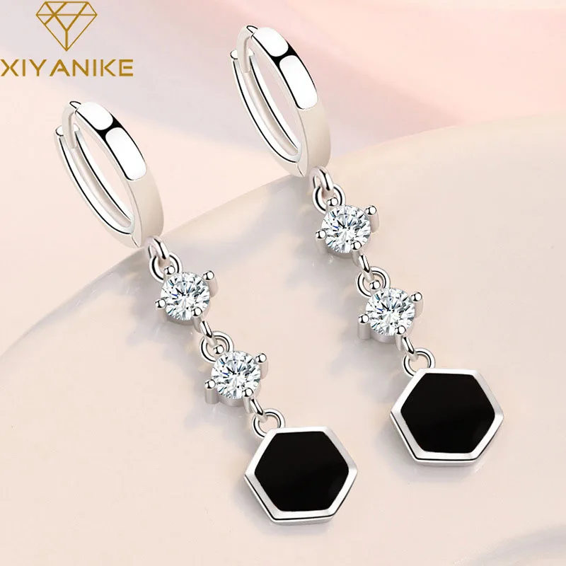 

XIYANIKE Vintage Black Hexagon Zircon Long Drop Dangle Hoop Earrings For Women Girl New Fashion Ear Jewelry Gift Party серьги