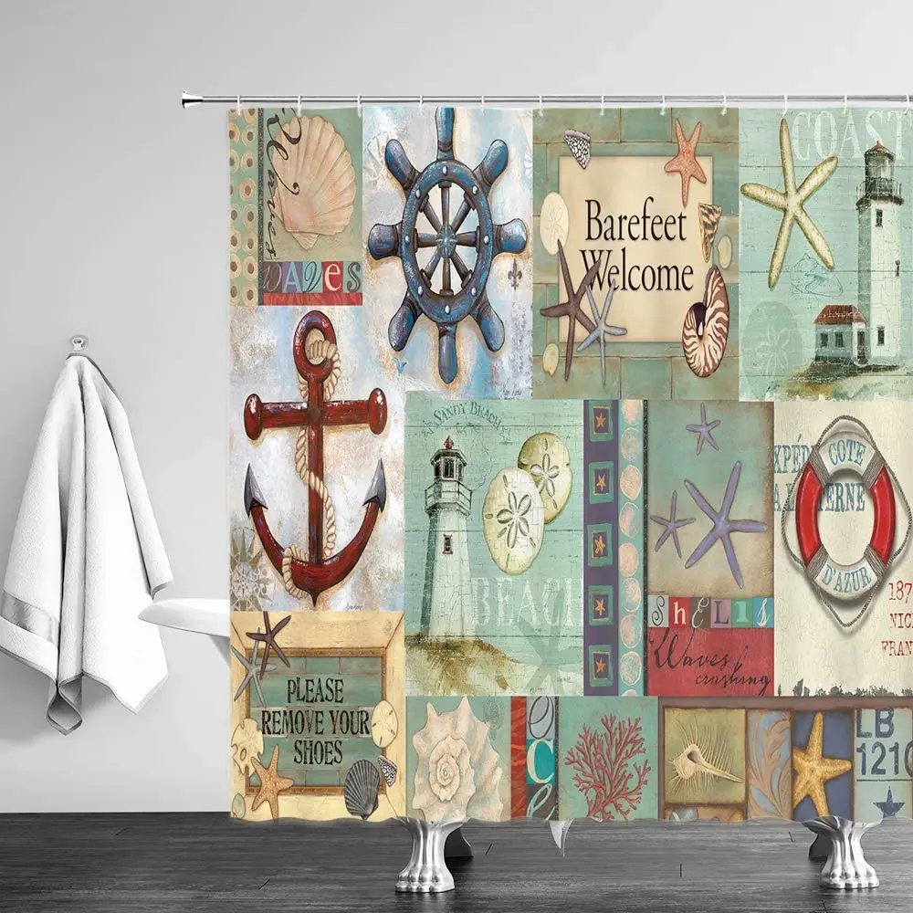 

Nautical Shower Curtains Decor Anchor Starfish Lighthouse Rudder Lifebuoy Shell 3D Vintage Marine Life Theme Fabric Bathroom Set