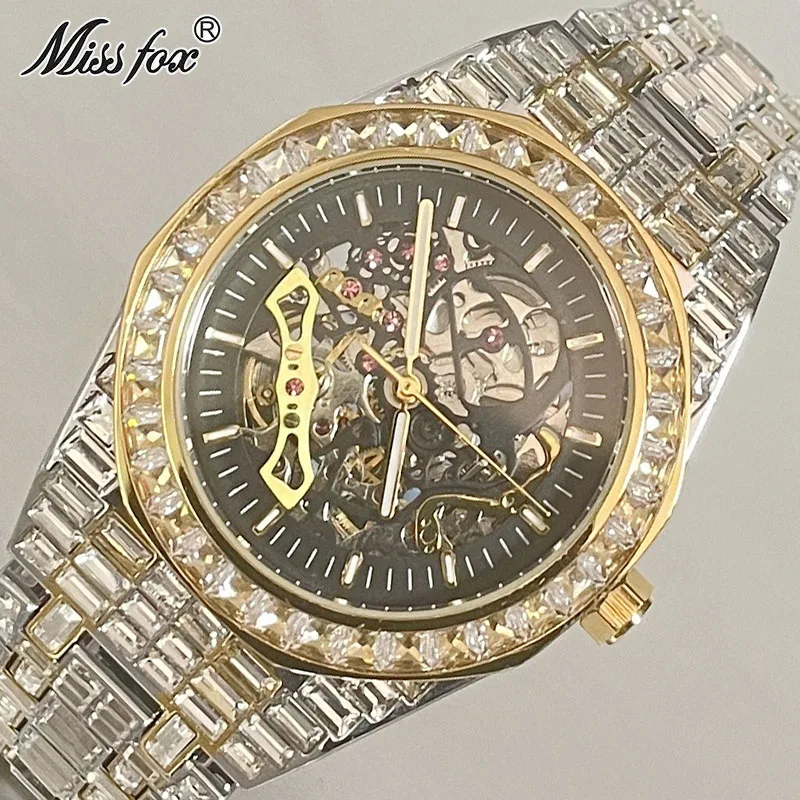 Hot Brand MISSFOX Gold Hollow Fashion Watches Men Steel Automatic Mechanical Wristwatch Full Diamond Waterproof AAA Clocks Male