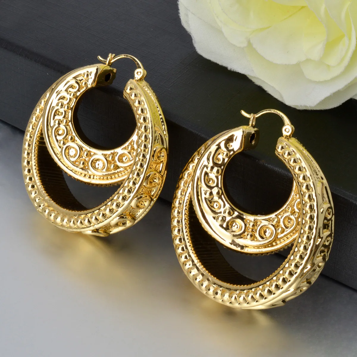 

Sunny Jewelry Hoop Earrings for Women Gold Plated Vintage Pattern Big Round Earring African Italian Party Wedding Jewellery Gift