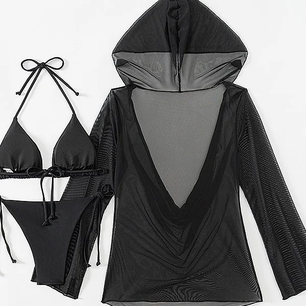 3 шт. однотонные стринги бикини 2024 Женская сетчатая блузка накидка купальник