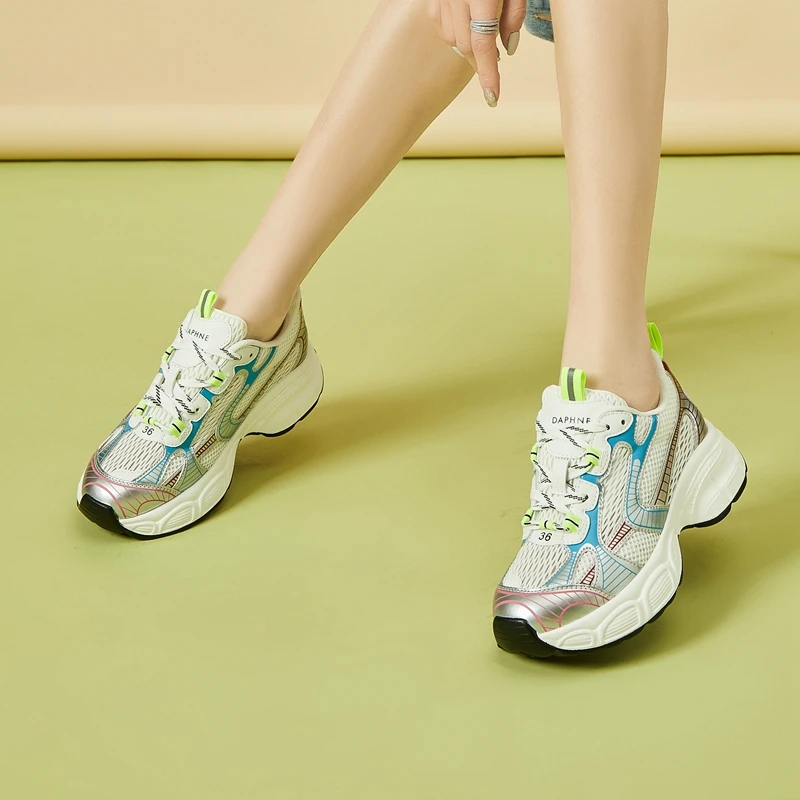 Autuspin 5.5cm Women's Sneakers Summer Breathable Air Mesh Genuine Leather Casual Vulcanize Shoes Ladies Luxury Design Trainers