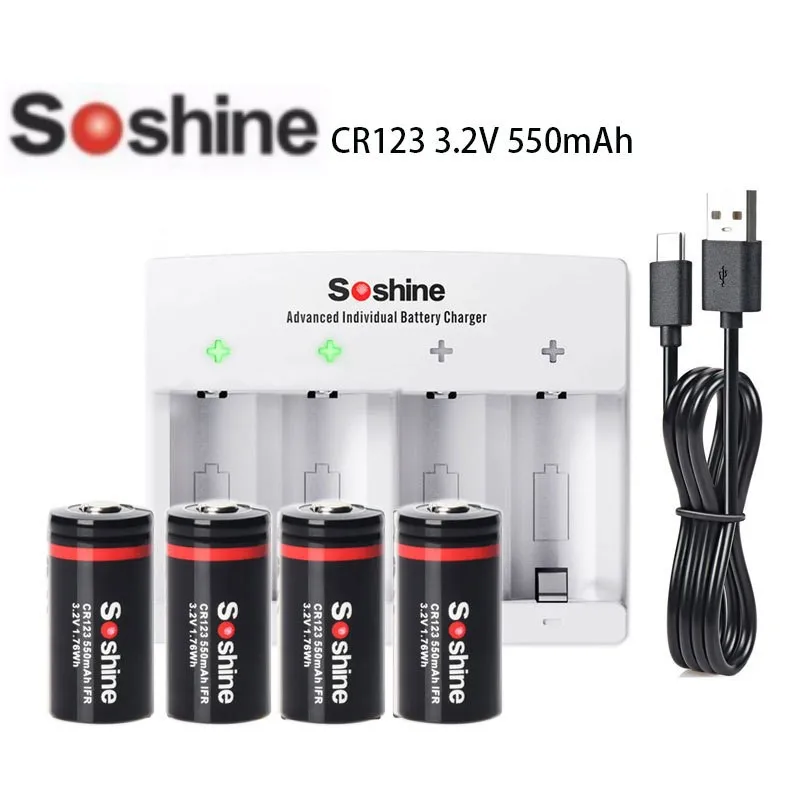 Soshine 4 шт. IFR CR123 3,2 в 550 мАч LiFePO4 аккумуляторная батарея с Soshine LiFePO4 RCR123/16340 зарядное устройство S4(Fe)