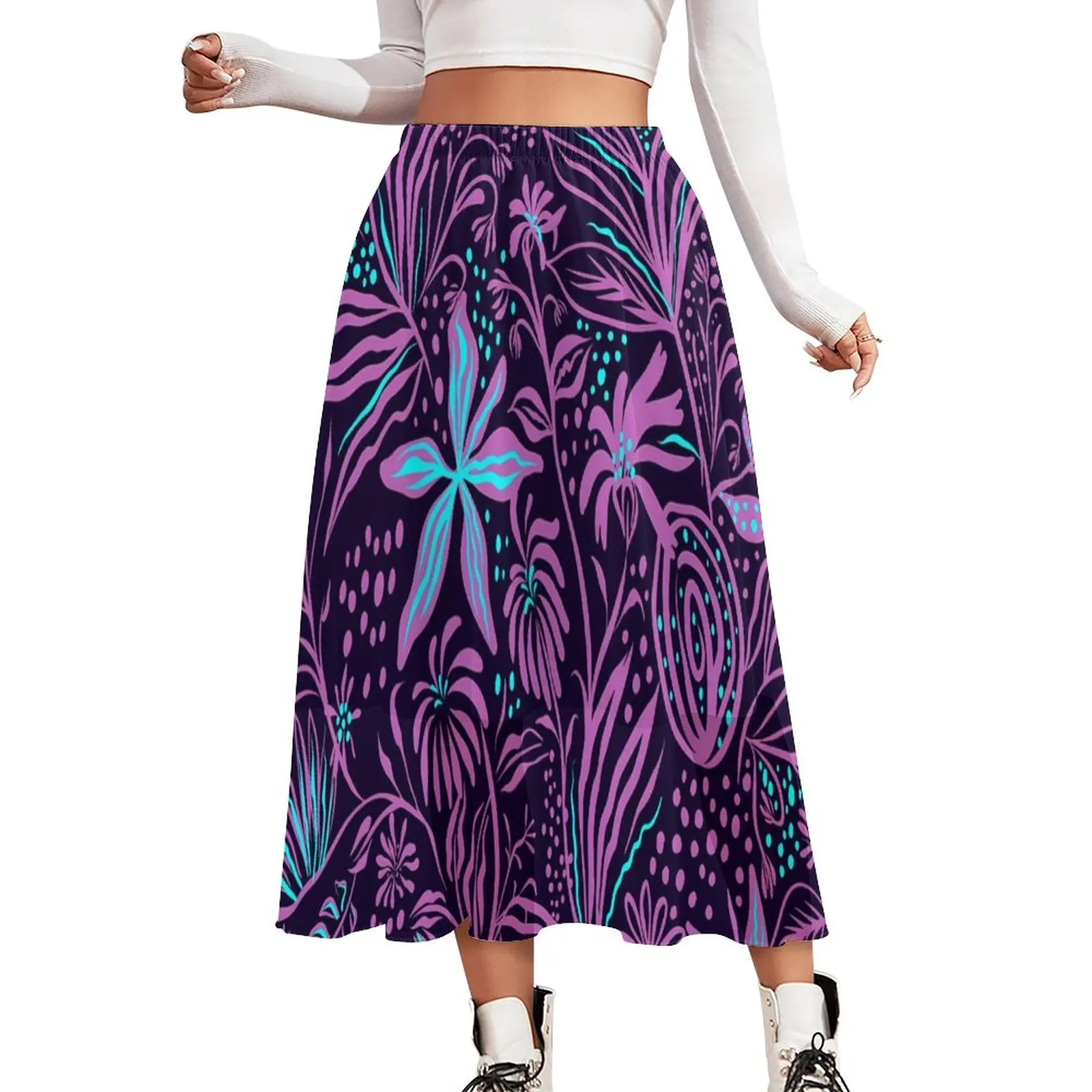

Retro Floral Art Skirt Black and Purple Street Wear Long Skirts Cute Boho Skirt Woman Graphic Oversized Clothing