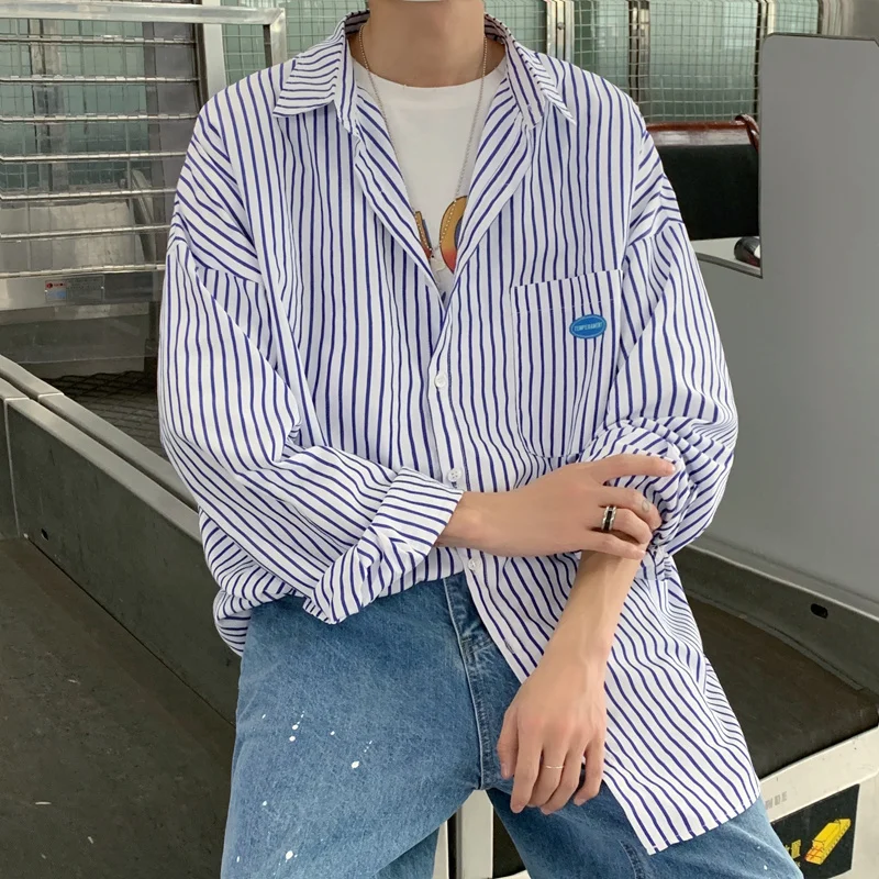 

Spring Black/Blue/White Striped Shirt Men Fashion Society Mens Dress Shirt Korean Loose Long Sleeve Shirts Mens Casual Shirt