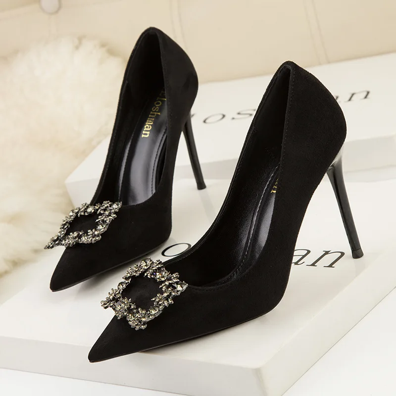 Fashion sexy thin high heels women's shoes stiletto shallow pointed toe rhinestone square buckle high-heeled shoes