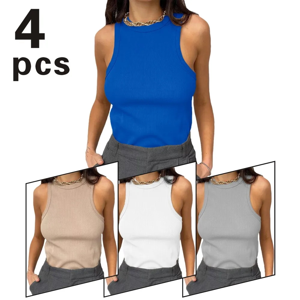 

Кроп-майка женская из четырех предметов, базовая эластичная майка в рубчик с круглым вырезом, однотонная майка на лето