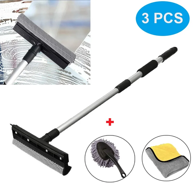 3PCS Car Window Cleaning Brush Windshield Squeegee Scraper Wiper With Detachable Long Handle Rubber Squeegee And Cleaner Sponge