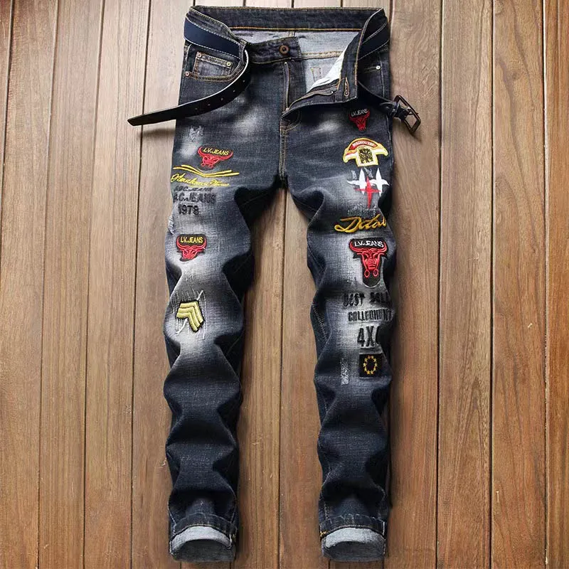 

Men’s Ripped Stretchy Skinny Tight Biker Moto Jeans Rose Embroidery Denim Pants Trouser
