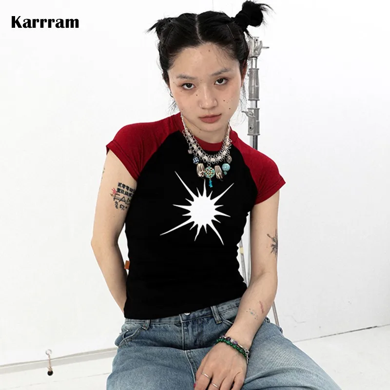 

Футболка Karrram Grunge в стиле пэчворк, винтажная корейская мода, футболки с коротким рукавом, 90-е, японская футболка в стиле Харадзюку, уличная одежда для E-girl