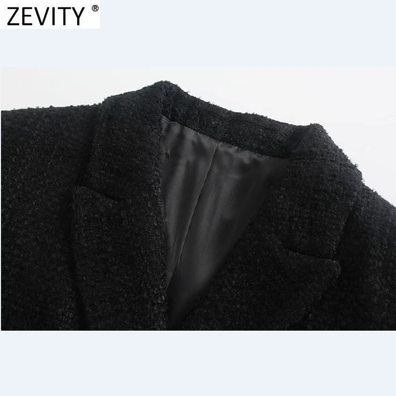 Женский двубортный пиджак Zevity черный твидовый шерстяной короткий винтажная