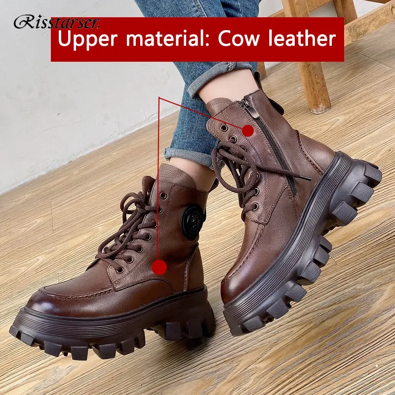 

Risstarser Women Genuine Leather Boots Retro Women Ankle Boots Fashion Platform Booties All-match Round Toe Women Short Boots