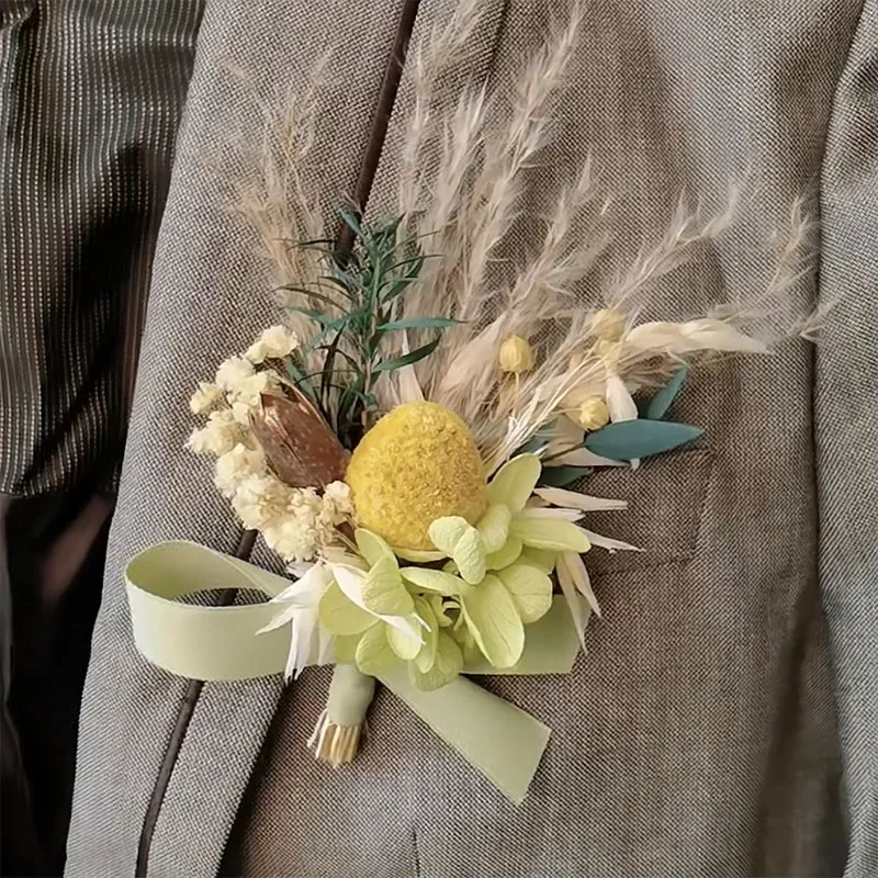 Mini Dried Pampas Dry Bouquet DIY Wedding Corsage Men Women Brooch Flower Mariage Accessories Small Reed Bouquet Boho Home Decor