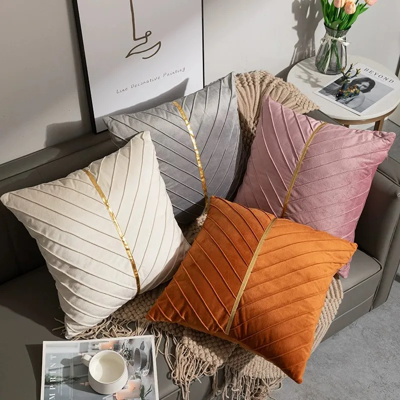 

New Soft Solid Color Velvet Cushion Cover Gold Bar Stitching Crimping Home Decor Pillowcase Decorative Pillow Covers for Sofa