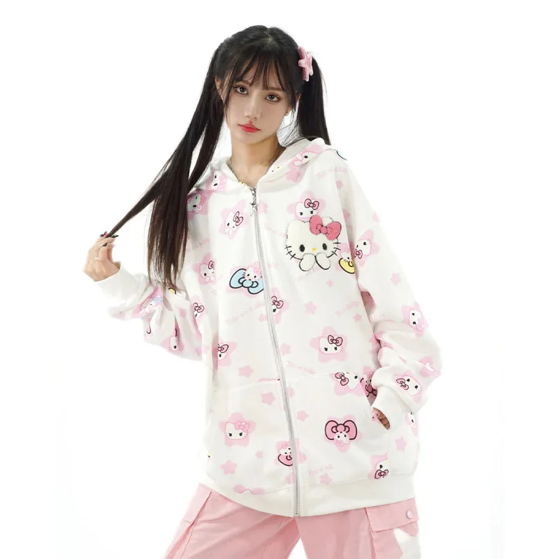 

Autumn Sanrio Hellokittyed Jacket Cute Hot Girls Loose Embroidery Hooded Zipper Full Print Cartoon Soft Casual Sports Top