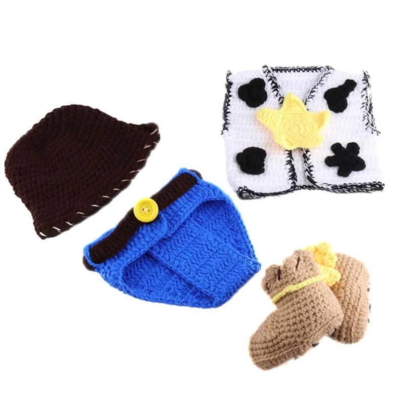 

Newborn Photography Clothes Cowboy Costume Photo Props Knitted Baby Hat Booties