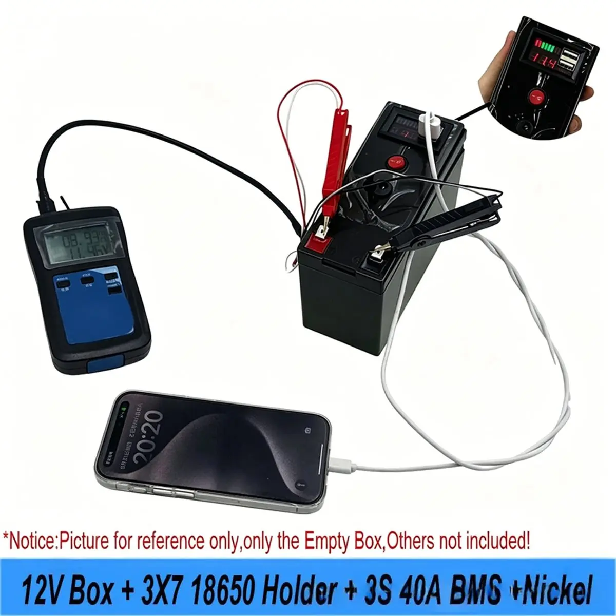 Фото Комплект для сборки аккумуляторного блока ABSY DIY 12V 3S7P 18650: Корпус 12В + держатель для 3x7 аккумуляторов 18650 + контроллер 3S 40A + дисплей напряжения + Power Bank с двумя USB-портами B №5