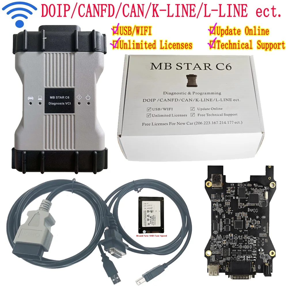 Лучший Диагностический мультиплексор VCI MB Star C6 с протоколом CAN/DOIP с 2023,06 программным обеспечением SSD C6 обновление MB star C4 C5 C3