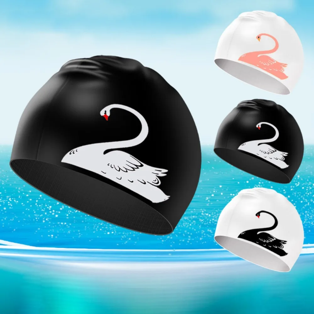 

Swan Print Swimming Cap Long Hair Ear Protection Elastic Silicone Swimming Hat Non Toxic and Odorless Non Stick Hair