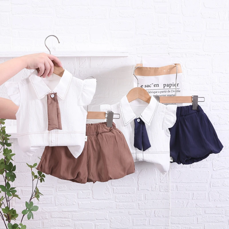 

Summer Children Fashion Girl Clothing Baby Cotton bow tie TShirt pants 2Pcs/sets Infant Sports Clothes Toddler Casual Tracksuits