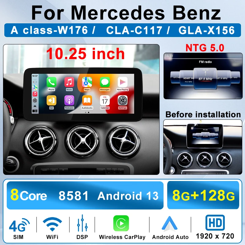 

Android Auto видео автомобильный центральный мультимедийный плеер экран Carplay для Mercedes Benz A Class W176 A200 A180 A220 A250 Wi-Fi GPS Navi