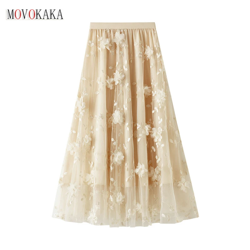 

MOVOKAKA Ladies Spring Summer Embroidery Mesh Mid Skirts High Waist Solid Color Slim Skirt For Women Elegant A-line Skirts Women