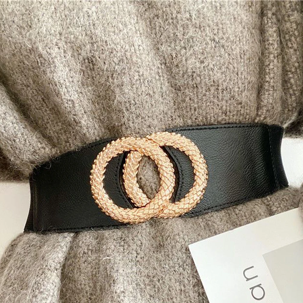 

Ladies Versatile Elastic Stretch Canvas PU Leather Wide Belt Decorative Simple Belt Ladies Fashion Dress Sweater Women