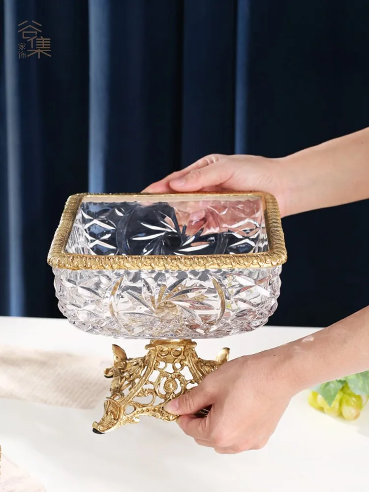 

GY European Crystal Glass Brass Tray Storage Tray Nuts Fruit Plate Luxury American New Chinese Style Home Ornaments