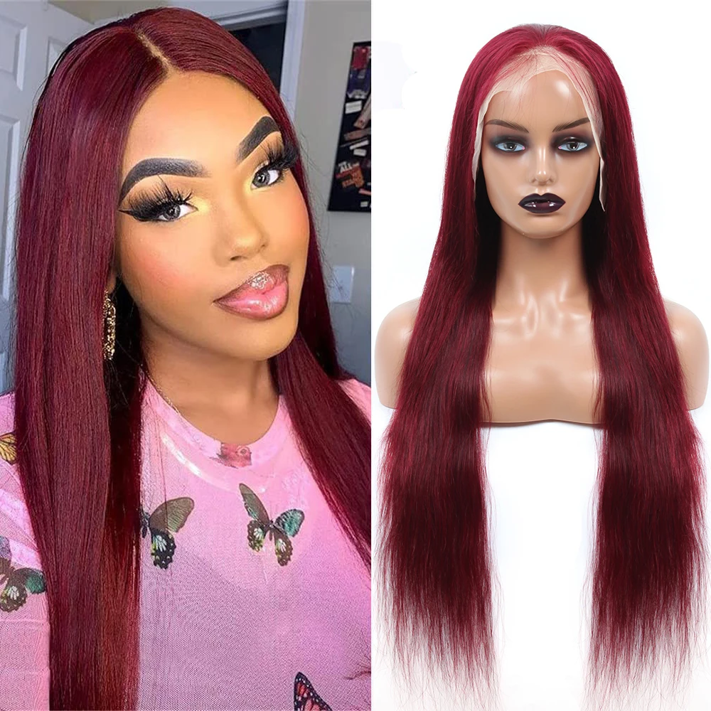 

Colored Burgundy Lace Front Human Hair Wigs For Women 180% Pre Plucked Brazilian Remy Ombre 99J Straight 13x4 Lace Frontal Wig