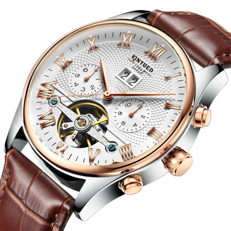 KINYUED Fashion Men's Watch Luxury Stainless Steel Quartz Watch Calendar Luminous Clock Men's Business Casual Leather Watch