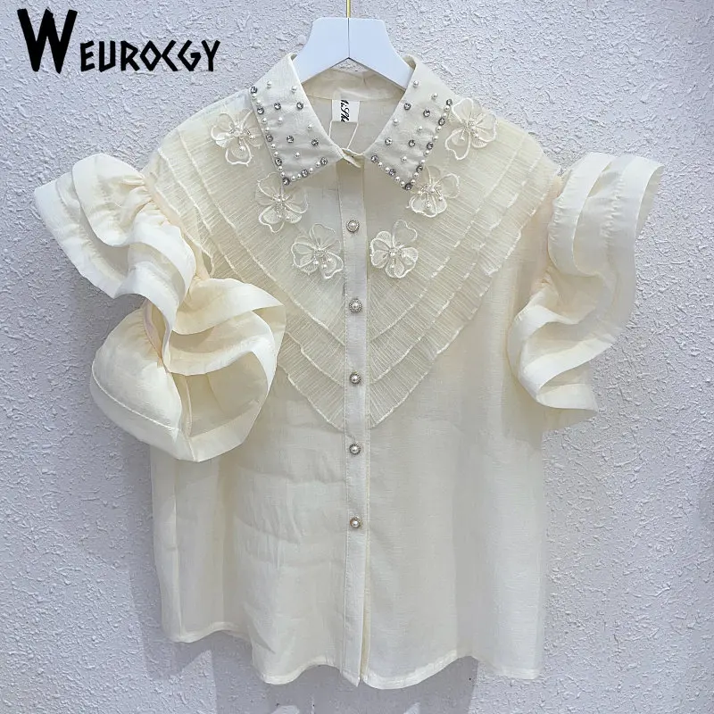 

Women Blouses 2023 Summer Korean Edition Versatile Studded Beads Diamonds Three-Dimensional Flower Splice Flying Sleeve Shirt