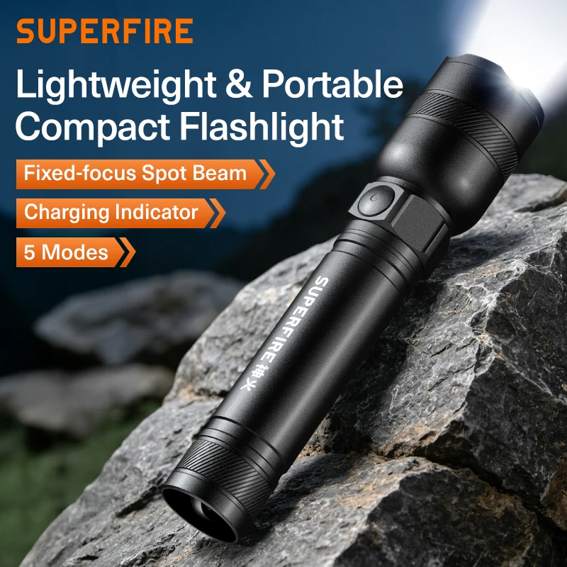 Фото Фонарик SUPERFIRE A21 7W LED из алюминиевого сплава, портативный, с батареей 18650 и разъемом Type-C, водонепроницаемый, для кемпинга, походов и чрезвычайных ситуаций. №1