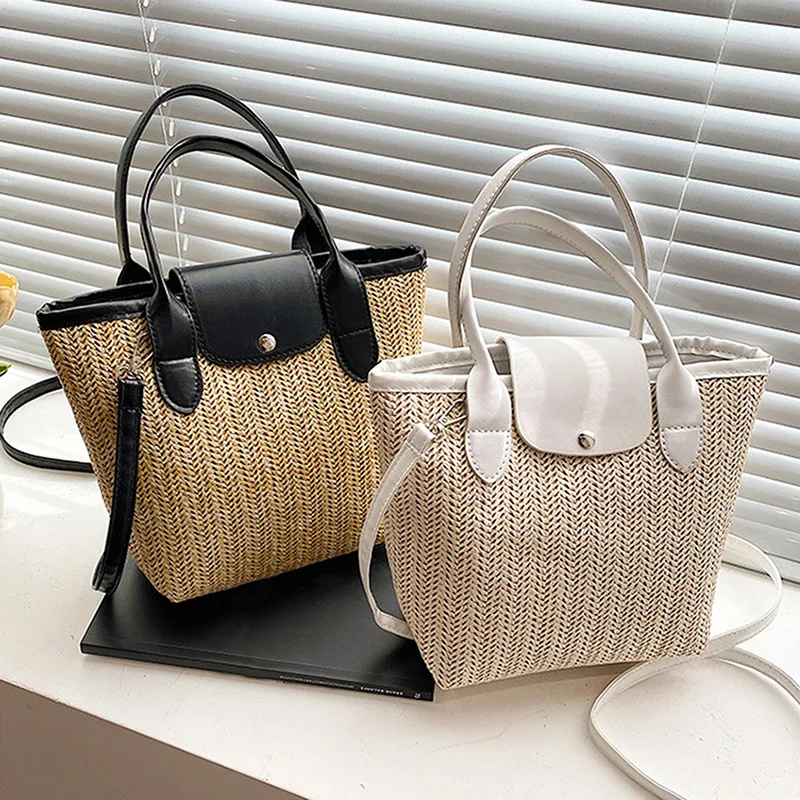 

2022 модная женская пляжная сумка, высококачественные соломенные сумки с ручкой из искусственной кожи, женская летняя сумка из рафии, дорожна...
