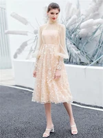 a line cocktail dresses floral princess homecoming cocktail party tea length stand collar long sleeve tulle with embroidery