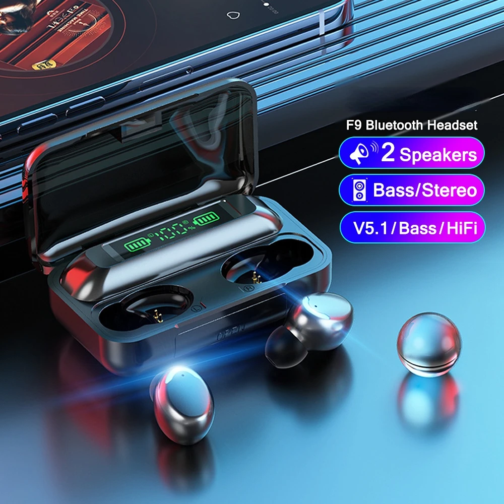 

F9 Bluetooth Earphones TWS Headphones Wireless Headsets with Mic 3000mAh Charging Box Stereo In-Ear Earbuds Sports Free Shipping