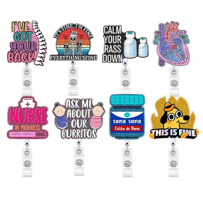 New  Glitter Acrylic Medicine Bottle Nurse Badge Reel Retractable ID Badge Holder With 360 Rotating Alligator Clip Name Holder