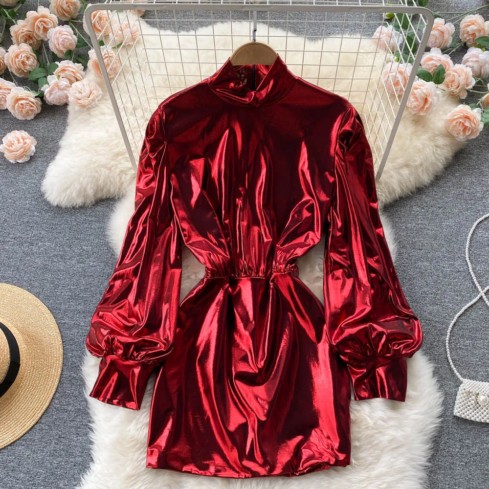 

Spring 2022 European and American Metallic Bubble Long Sleeve Stand Collar with Slim Waist Short A-line Dress for Women