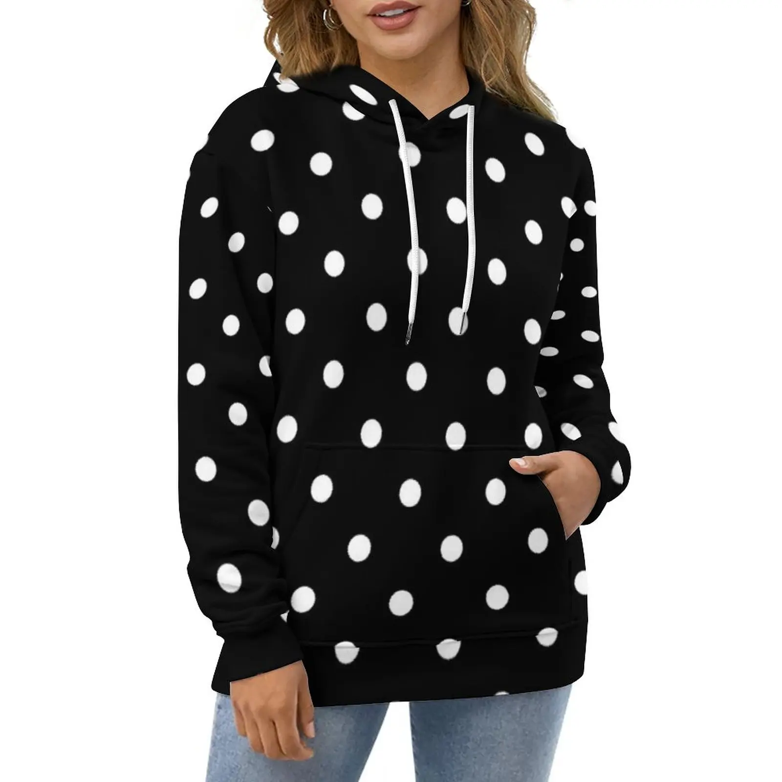 

Vintage 80S Black White Casual Hoodies Classic Polka Dots Graphic Loose Hoodie Winter Long Sleeve Harajuku Oversized Clothing