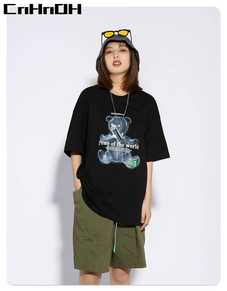 CnHnOH Streetwear HipHop Women Tees Couple Original New Cotton Summer New Bear T-Shirt Short Sleeve Large Size Loose Tops