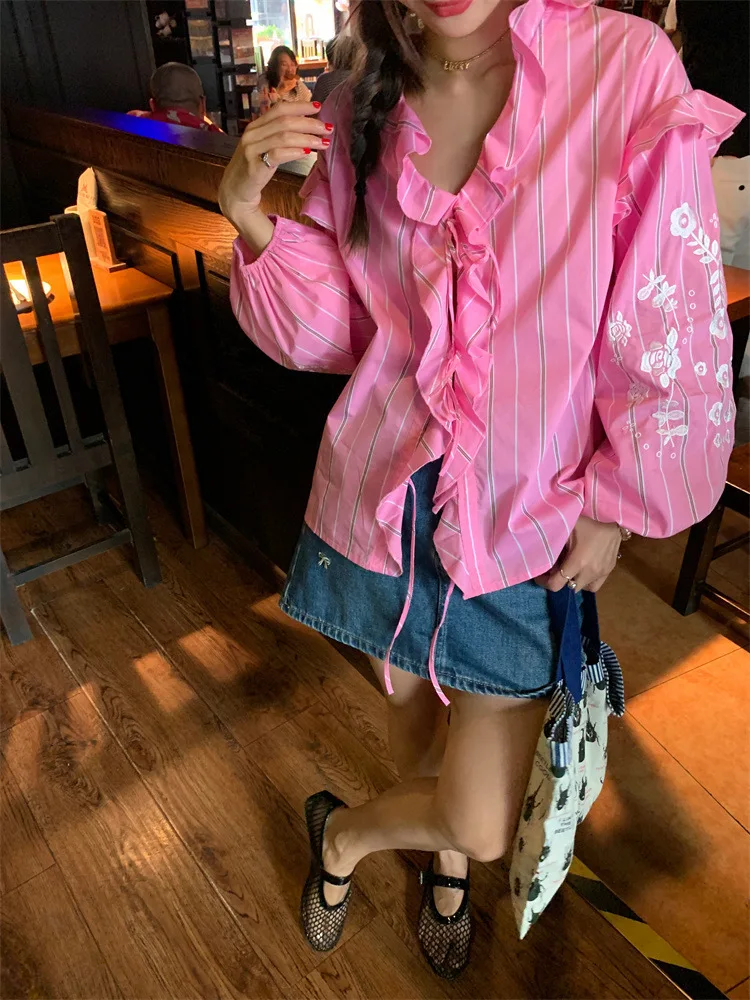 Свободный Топ [oein] Luoluo Zhuanjie рубашка в розовую полоску с длинными рукавами новинка