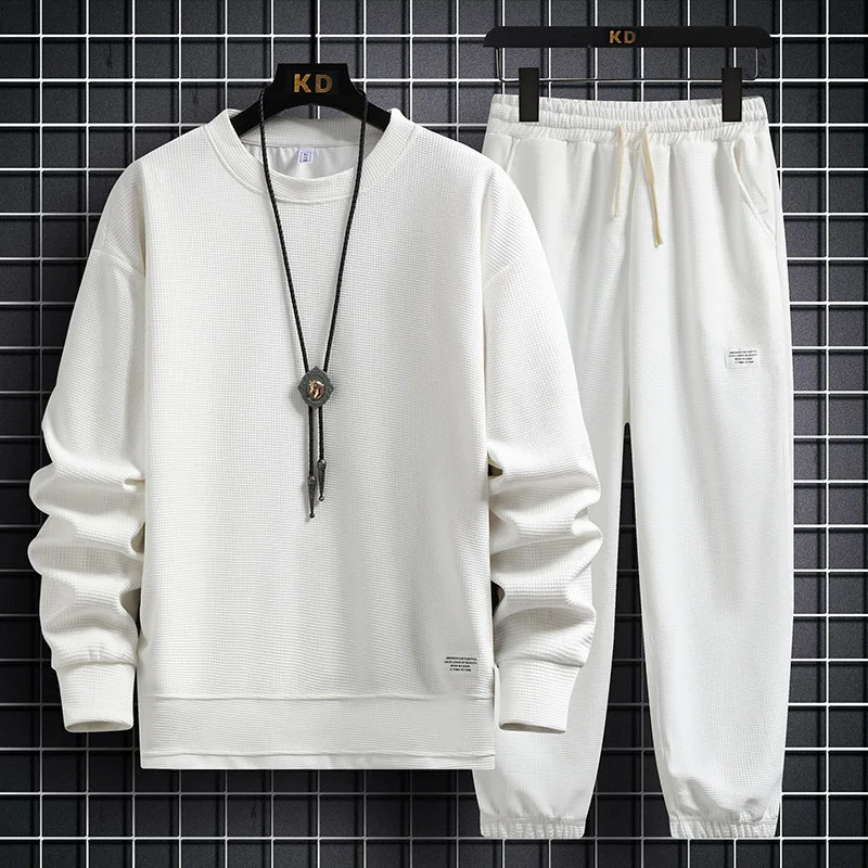Spring 2023 New round Neck Waffle Sweater Suit Men's Loose Fashion Casual Pants Sports Two-Piece Long-Sleeved Trousers