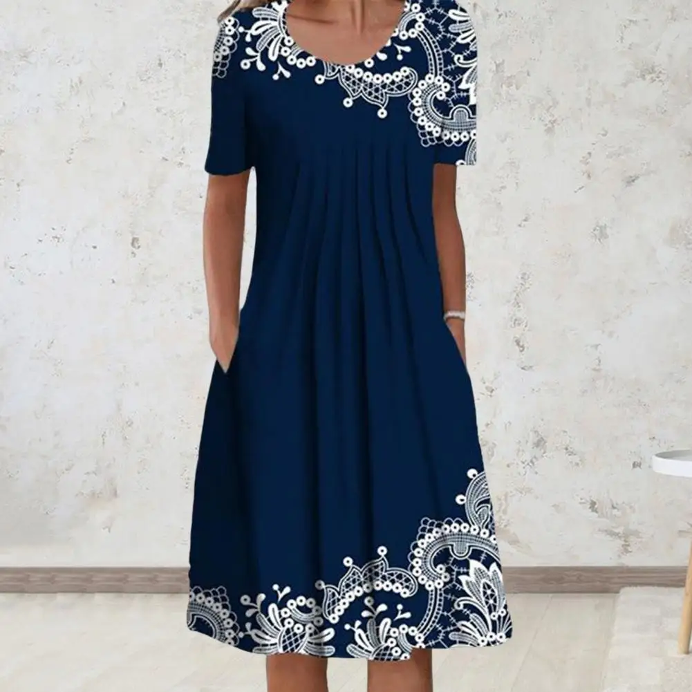 

Attractive Holiday Dress Pleated Breathable Summer Printing A-Line Midi Dress Anti-pilling Elegant Dress Streetwear