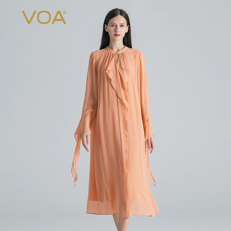 

VOA Dawn Red Double Layer Georgette Silk Swing Loose Leaf Dresses Half Open Collar Lace Up Long Sleeve Loose Dress Autumn AE1799