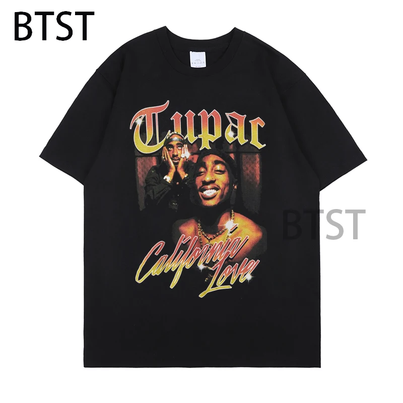 

2023 New 2pac Rap Print O-Neck Short Sleeve Regular Mens Top Quality Hip Hop T-Shirt Tupac Cotton Black Oversized Clothes