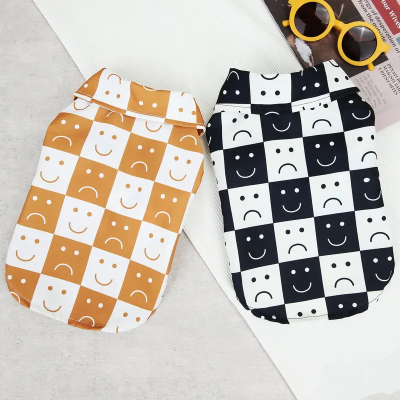 

Dog Checkered Smiley Face Shirt Pet New Checkerboard Clothes Pomeranian Dog Clothing Puppy Cardigan XS-XL