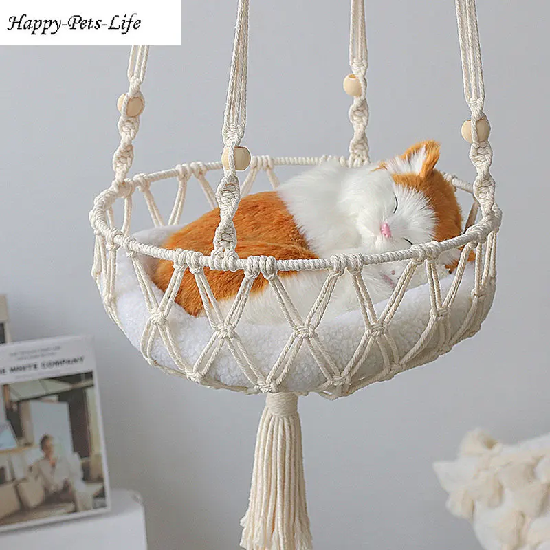 

Cat Hanging Basket Cotton Hand-Woven Kitten Hammock Macrame Swing Bed Cat Nest Thread Toy Pet Bed House for Cats Pet Accessories